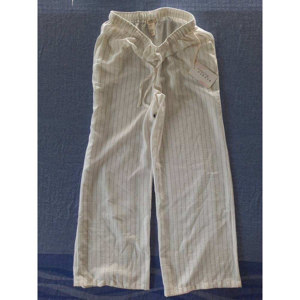 Blenca Young Contemporary White Black Pinstripe Linen Blend Wide Leg Pants L NEW